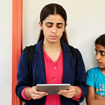 A compassionate female school social worker, with a calm and wise expression, stands as a guiding light ('nibras') in a modern, welcoming school setting. She is surrounded by diverse students (boys and girls, varying ages, Middle Eastern features), some engaging with educational tablets, others showing signs of quiet contemplation or growth. Subtle visual metaphors of mental well-being (e.g., a serene mind, a flourishing plant representing resilience) and digital connections subtly blend into the background, signifying modern challenges and integrated support. The atmosphere is warm, hopeful, and supportive, reflecting cultural sensitivity and a focus on youth mental health. Vibrant, comforting colors.