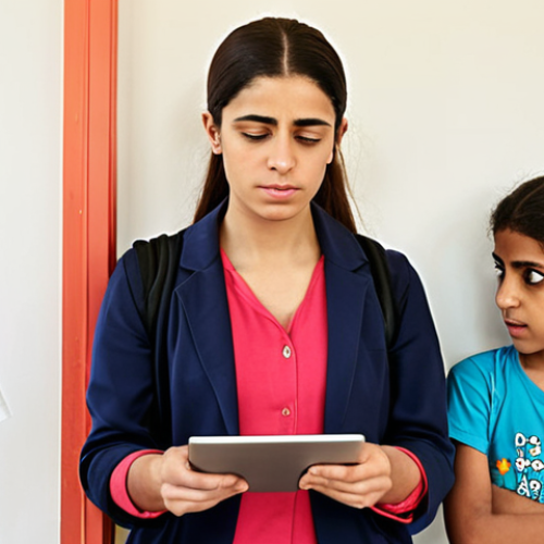 A compassionate female school social worker, with a calm and wise expression, stands as a guiding light ('nibras') in a modern, welcoming school setting. She is surrounded by diverse students (boys and girls, varying ages, Middle Eastern features), some engaging with educational tablets, others showing signs of quiet contemplation or growth. Subtle visual metaphors of mental well-being (e.g., a serene mind, a flourishing plant representing resilience) and digital connections subtly blend into the background, signifying modern challenges and integrated support. The atmosphere is warm, hopeful, and supportive, reflecting cultural sensitivity and a focus on youth mental health. Vibrant, comforting colors.