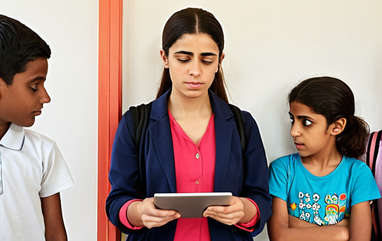 A compassionate female school social worker, with a calm and wise expression, stands as a guiding light ('nibras') in a modern, welcoming school setting. She is surrounded by diverse students (boys and girls, varying ages, Middle Eastern features), some engaging with educational tablets, others showing signs of quiet contemplation or growth. Subtle visual metaphors of mental well-being (e.g., a serene mind, a flourishing plant representing resilience) and digital connections subtly blend into the background, signifying modern challenges and integrated support. The atmosphere is warm, hopeful, and supportive, reflecting cultural sensitivity and a focus on youth mental health. Vibrant, comforting colors.
