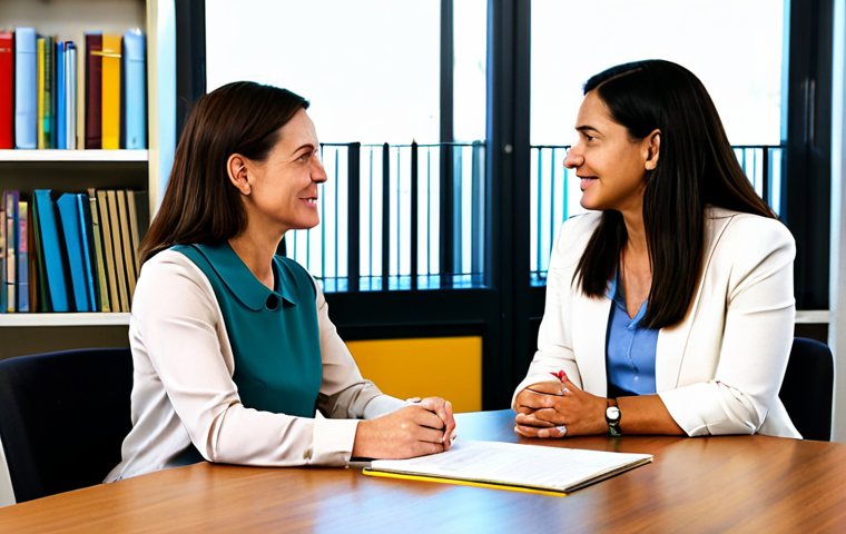 School Social Worker Meeting with Parents**

"A professional, fully clothed female social worker in a modest blouse and slacks, sitting at a table in a brightly lit office, meeting with two parents (a mother and a father) who are also fully clothed in appropriate attire. They are engaged in a collaborative discussion. The background includes bookshelves and educational resources. Safe for work, appropriate content, perfect anatomy, natural pose, professional setting, family-friendly, high quality."

**