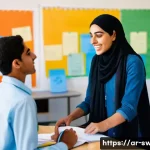 학교사회복지사 실무 교육 프로그램 - A modern Arabic school counseling session inside a bright classroom, showing a female social worker ...