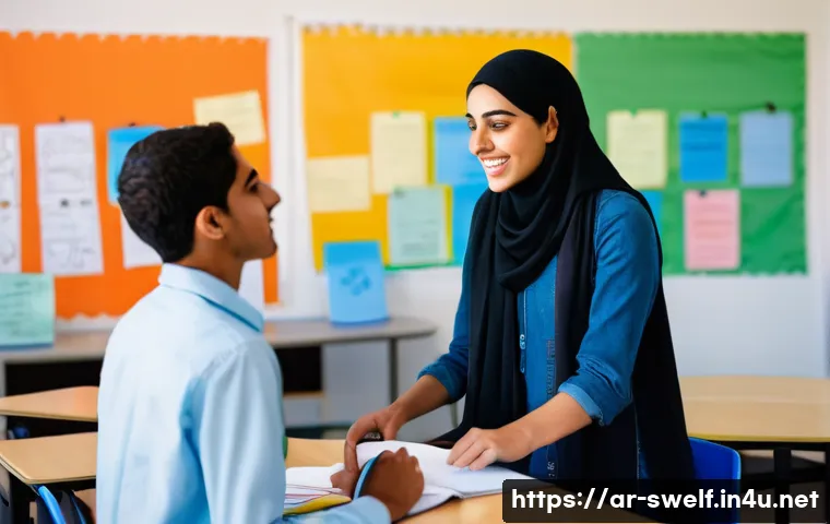 학교사회복지사 실무 교육 프로그램 - A modern Arabic school counseling session inside a bright classroom, showing a female social worker ...