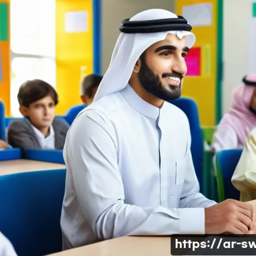 학교사회복지사 자격 시험 최신 정보 - A professional Arabic male social worker in a modern school setting in Saudi Arabia, wearing modest ...
