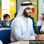 학교사회복지사 자격 시험 최신 정보 - A professional Arabic male social worker in a modern school setting in Saudi Arabia, wearing modest ...