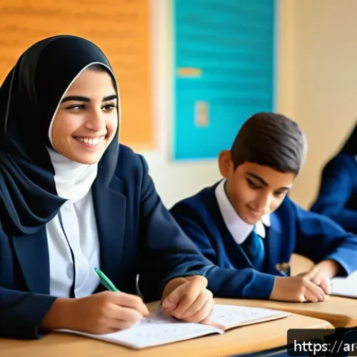 학교사회복지사 경력 개발 계획 - A compassionate Arab female school social worker attentively listening to a diverse group of teenage...