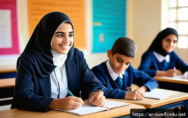 학교사회복지사 경력 개발 계획 - A compassionate Arab female school social worker attentively listening to a diverse group of teenage...