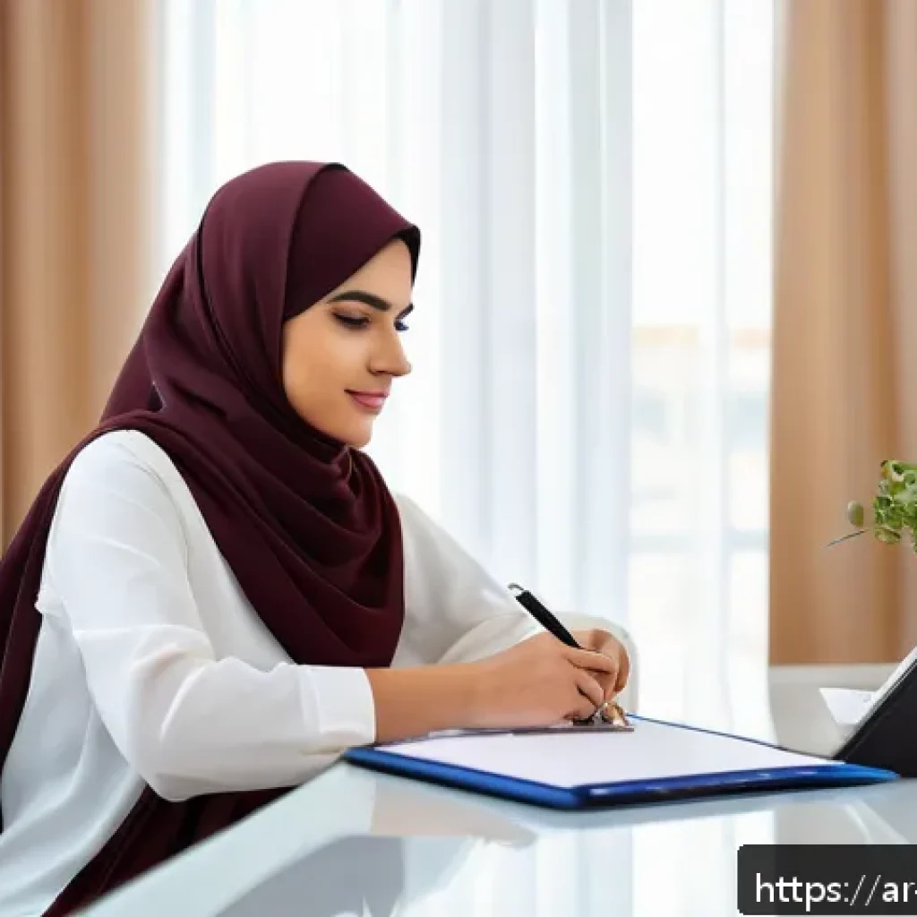 학교사회복지사의 워라밸 실현 방법 - A professional Arab female educator sitting at a modern desk in a bright, organized office decorated...