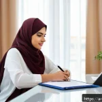 학교사회복지사의 워라밸 실현 방법 - A professional Arab female educator sitting at a modern desk in a bright, organized office decorated...