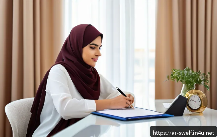 학교사회복지사의 워라밸 실현 방법 - A professional Arab female educator sitting at a modern desk in a bright, organized office decorated...