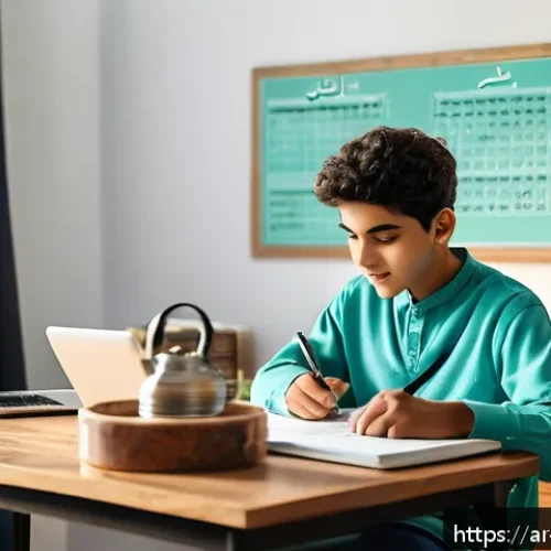 학교사회복지사 자격 시험 준비 꿀팁 - A focused young Arab student sitting at a traditional wooden desk in a cozy, well-lit room with Arab...