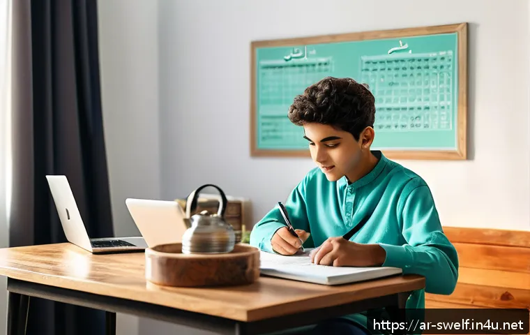 학교사회복지사 자격 시험 준비 꿀팁 - A focused young Arab student sitting at a traditional wooden desk in a cozy, well-lit room with Arab...