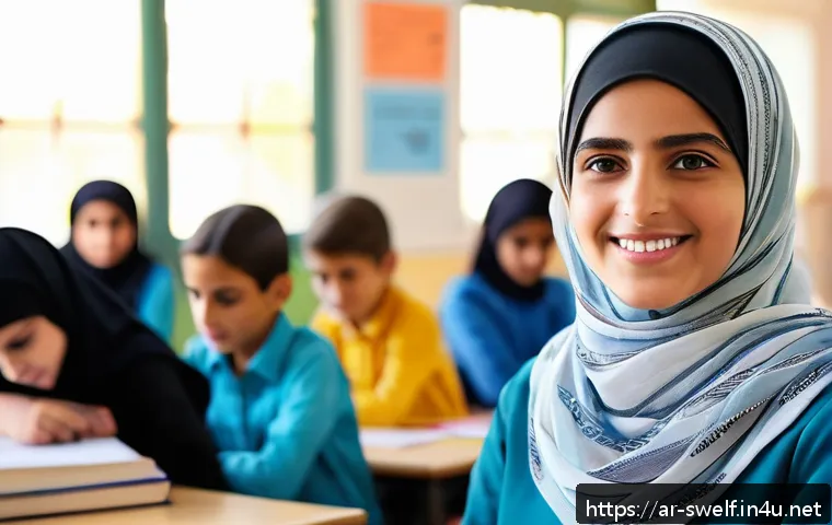 학교사회복지사 초보자를 위한 가이드 - A compassionate Arab school social worker in a modern Middle Eastern classroom setting, attentively ...